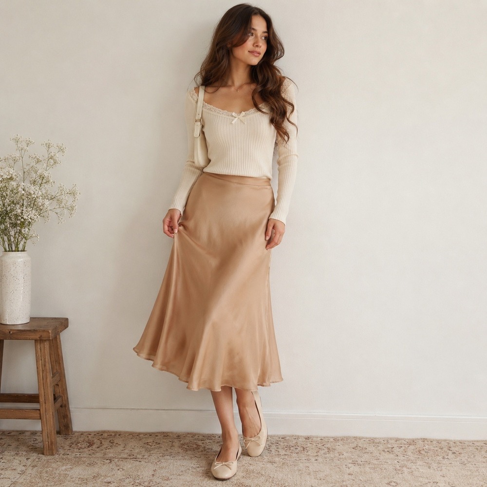 Forever 21 Satin Midi Skirt Beige Flowy‎ Coquette Balletcore Y2K Small